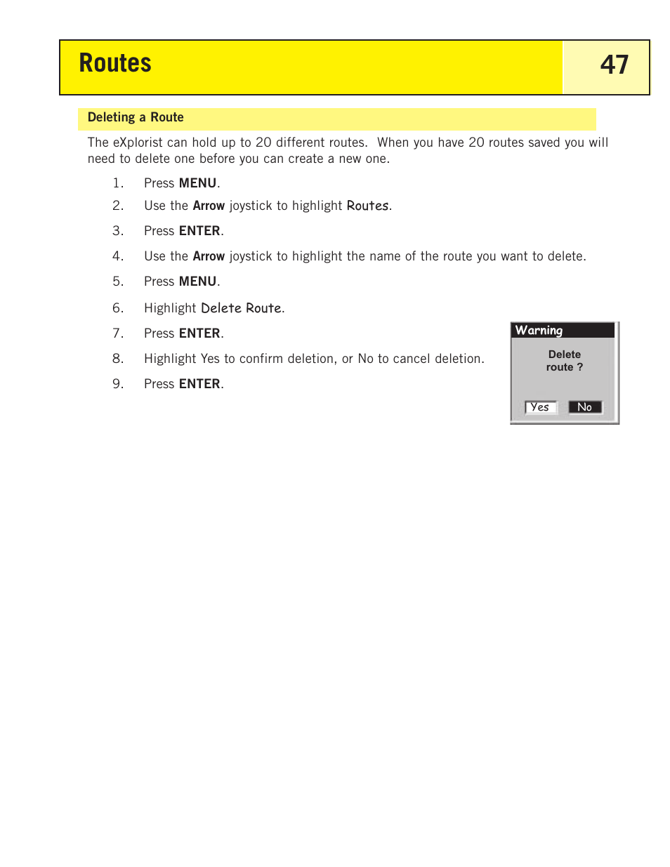Deleting a route, Routes 47 | Thales Navigation 200 User Manual | Page 52 / 82