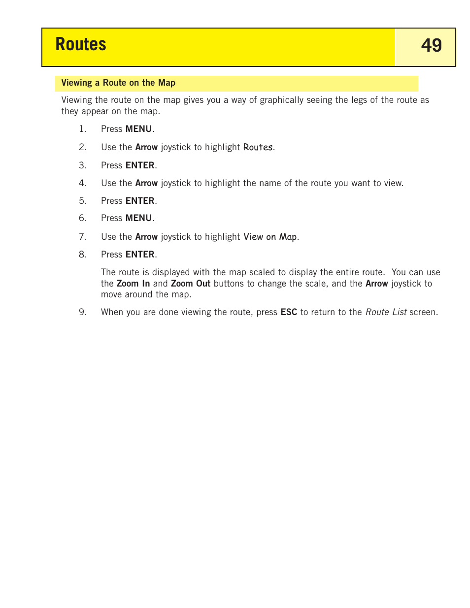 Viewing a route on the map, Routes 49 | Thales Navigation 200 User Manual | Page 54 / 82