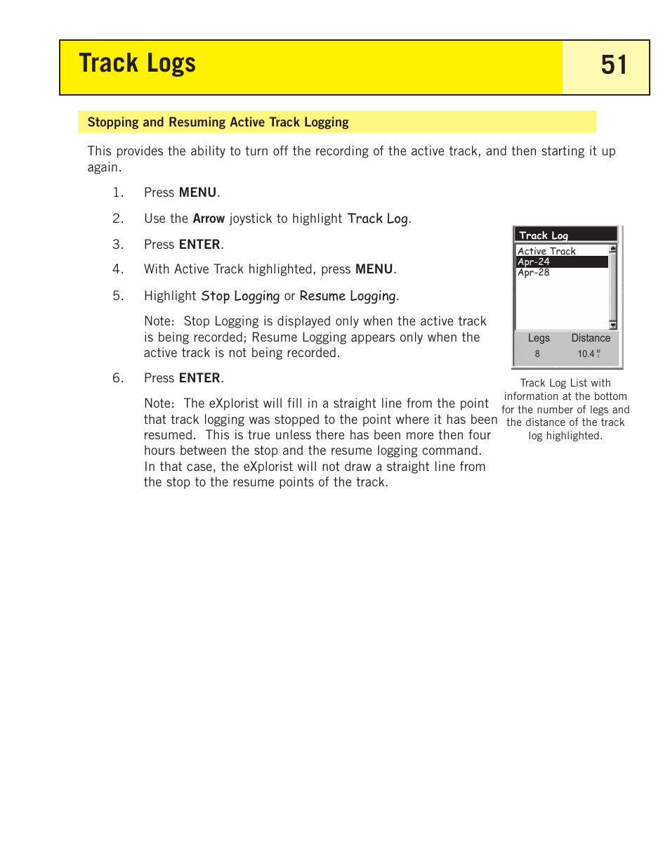 Stopping and resuming active track logging, Track logs 51 | Thales Navigation 200 User Manual | Page 56 / 82