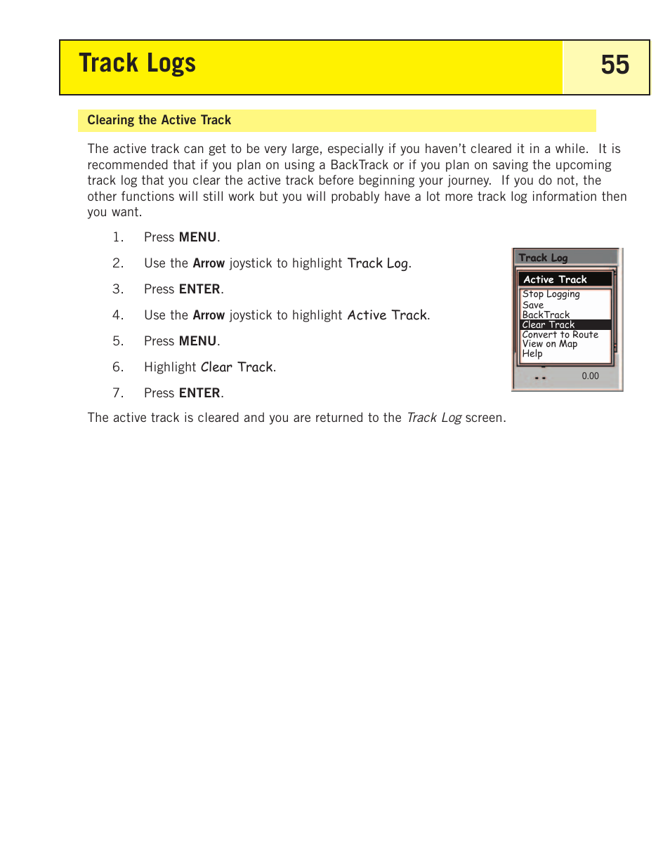 Clearing the active track, Track logs 55 | Thales Navigation 200 User Manual | Page 60 / 82