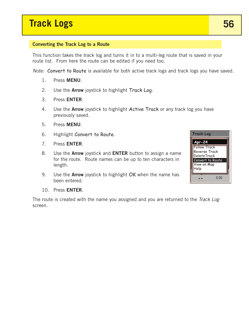 Converting the track log to a route, Track logs 56 | Thales Navigation 200 User Manual | Page 61 / 82