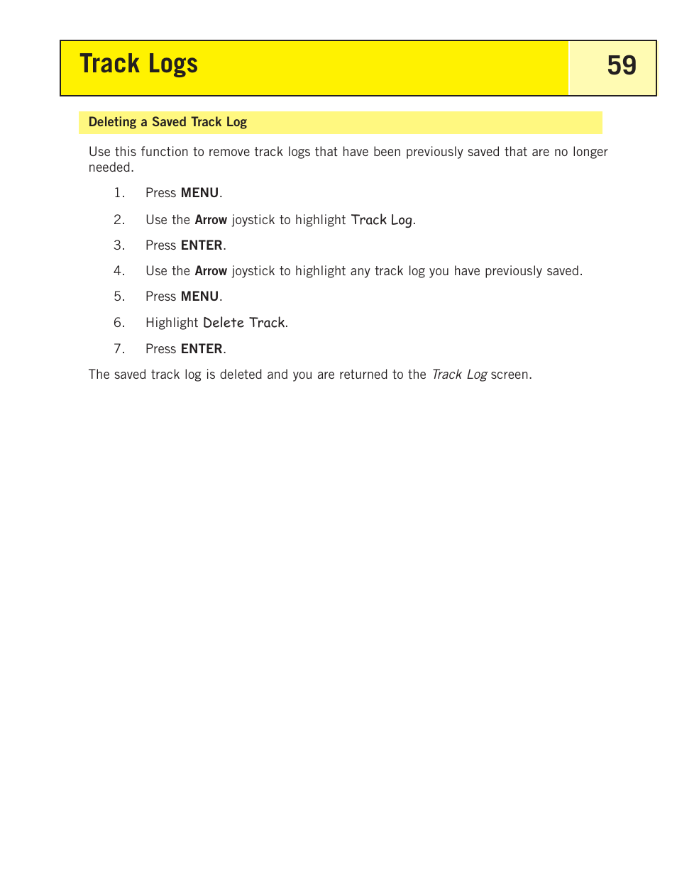 Deleting a saved track log, Track logs 59 | Thales Navigation 200 User Manual | Page 64 / 82