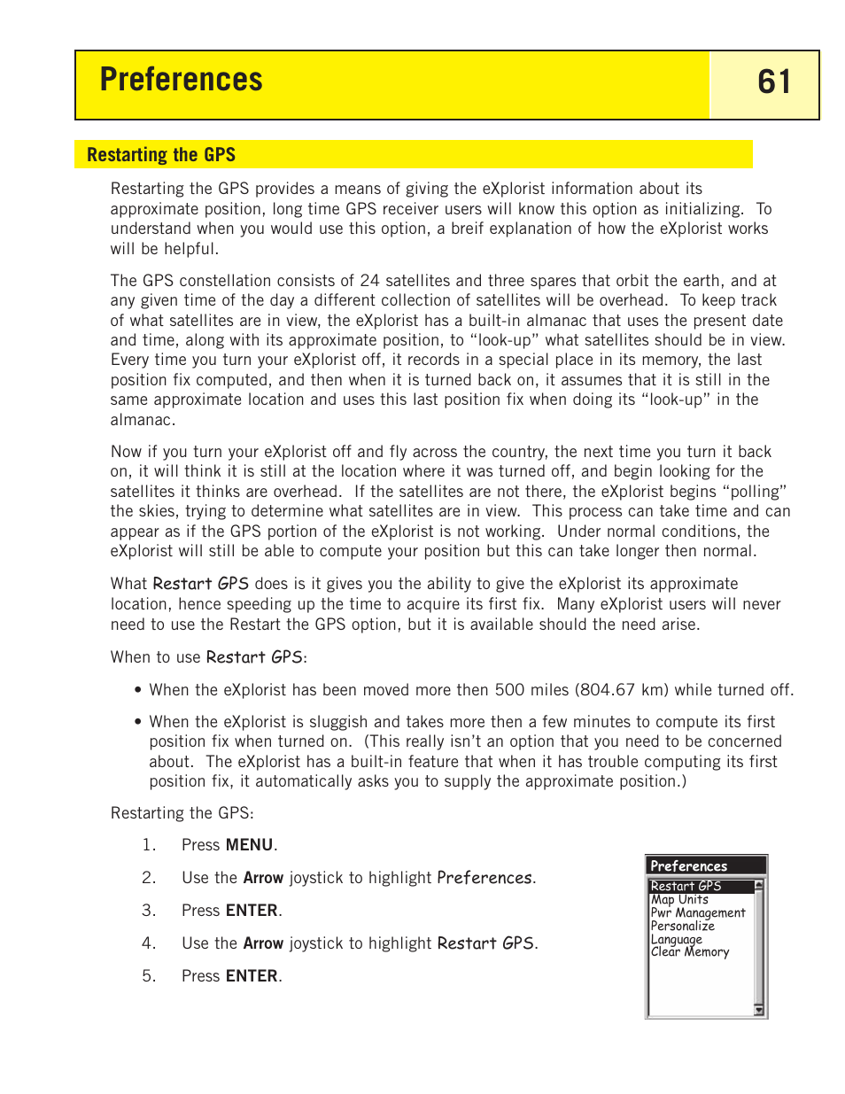Restarting the gps, Preferences 61 | Thales Navigation 200 User Manual | Page 66 / 82