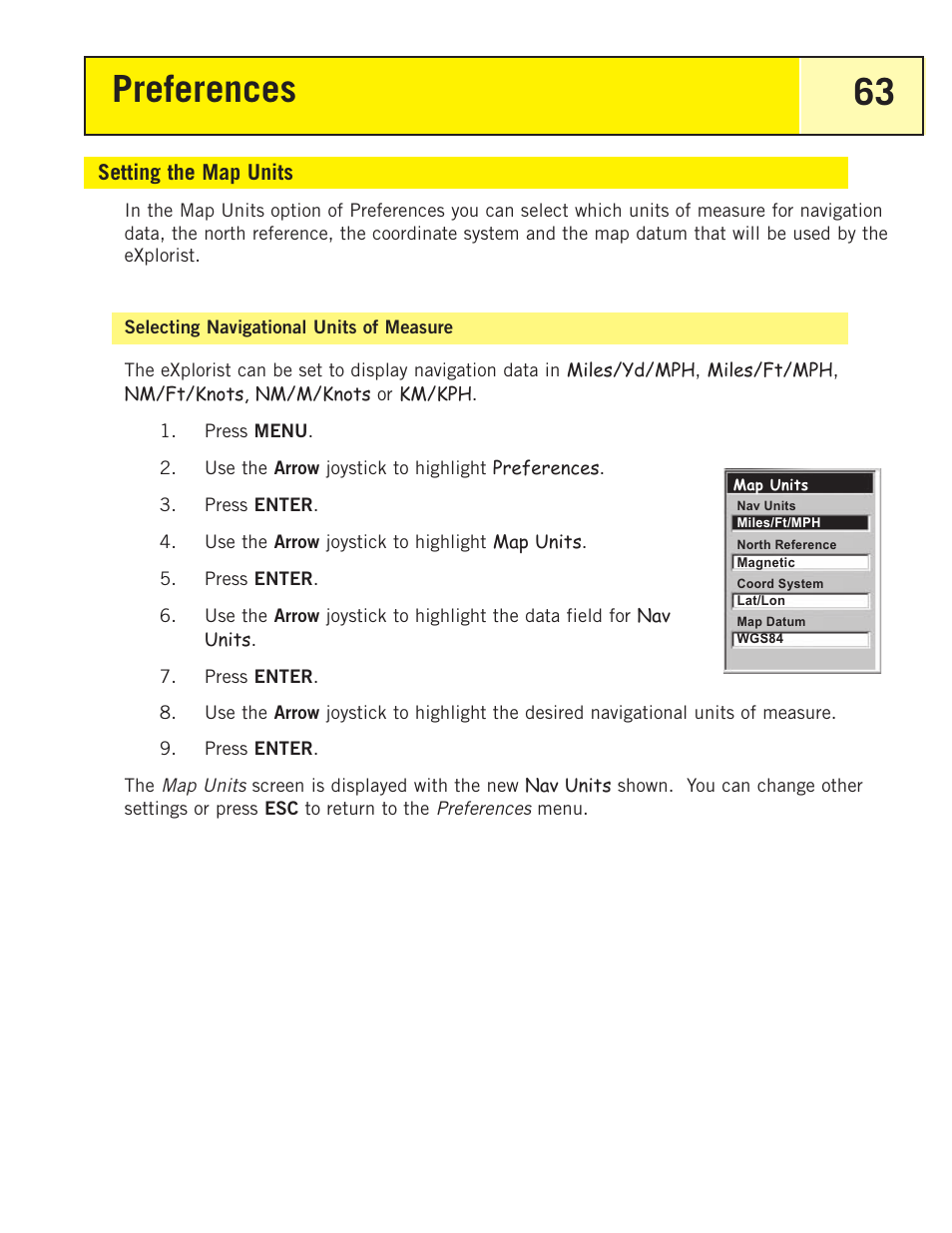 Setting the map units, Selecting navigational units of measure, Preferences 63 | Thales Navigation 200 User Manual | Page 68 / 82