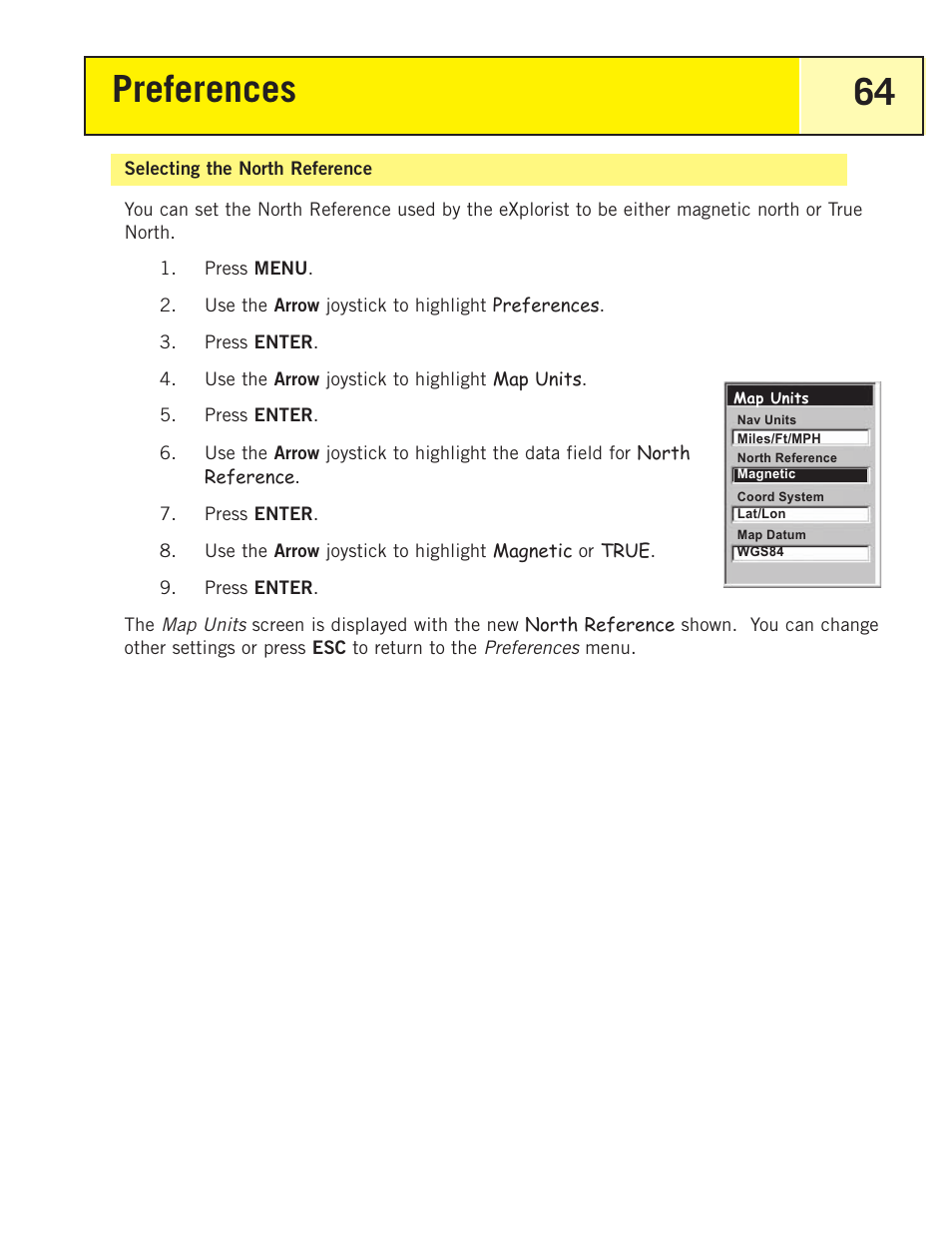 Selecting the north reference, Preferences 64 | Thales Navigation 200 User Manual | Page 69 / 82