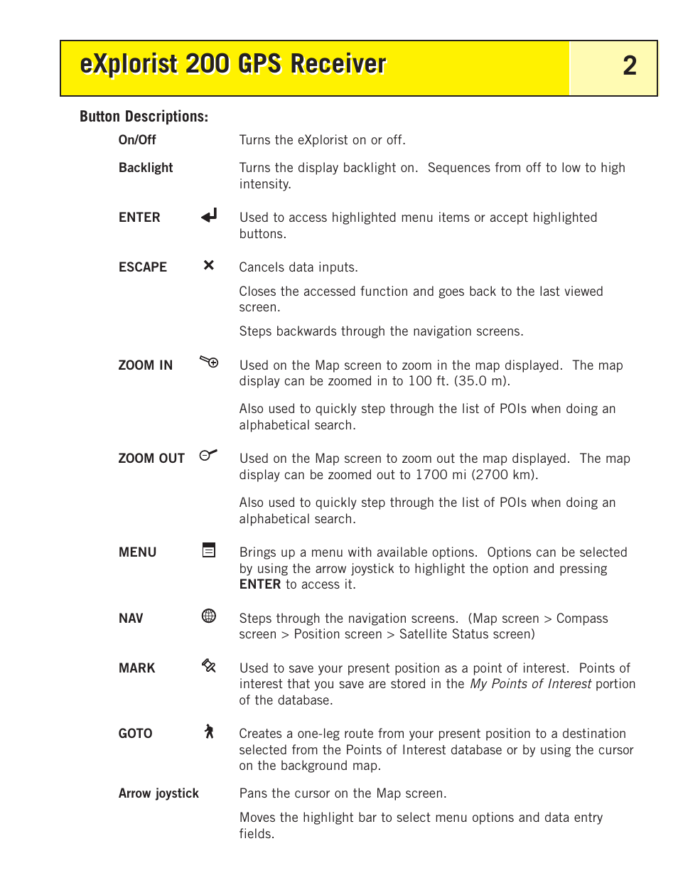Button descriptions, Explorist 200 gps receiver, Explorist 200 gps receiver 2 | Thales Navigation 200 User Manual | Page 7 / 82