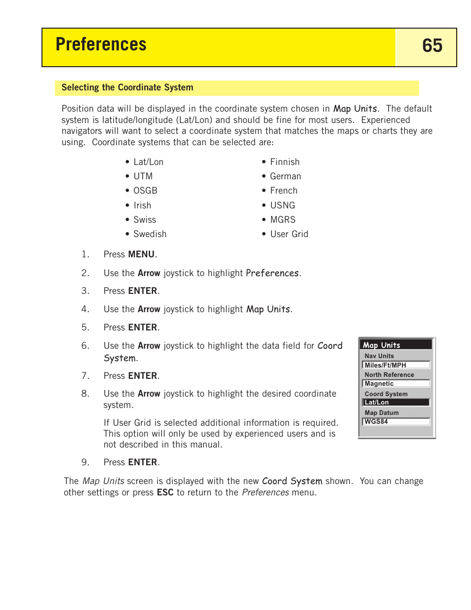 Selecting the coordinate system, Preferences 65 | Thales Navigation 200 User Manual | Page 70 / 82
