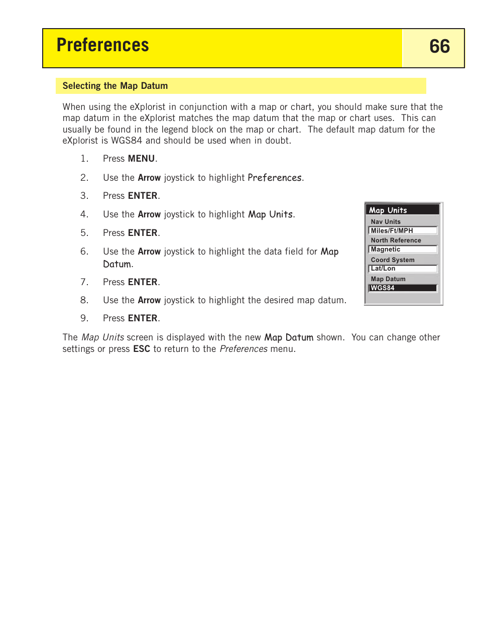 Selecting the map datum, Preferences 66 | Thales Navigation 200 User Manual | Page 71 / 82