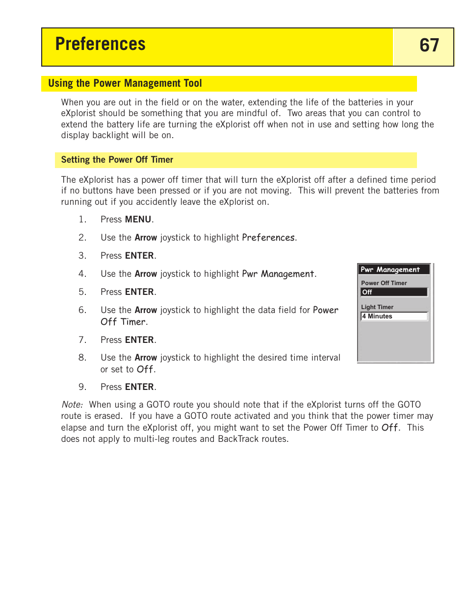 Using the power management tool, Setting the power off timer, Preferences 67 | Thales Navigation 200 User Manual | Page 72 / 82