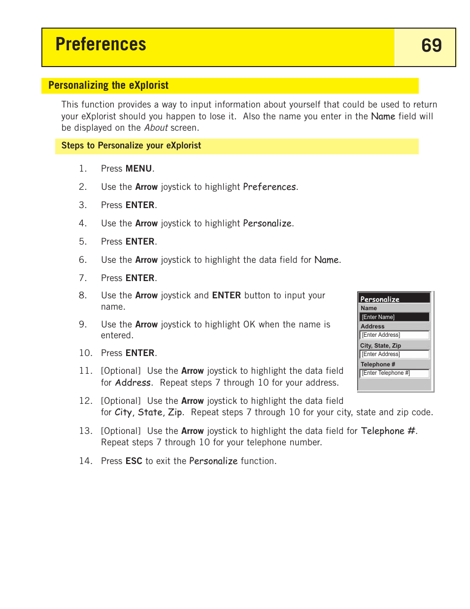 Personalizing the explorist, Preferences 69 | Thales Navigation 200 User Manual | Page 74 / 82