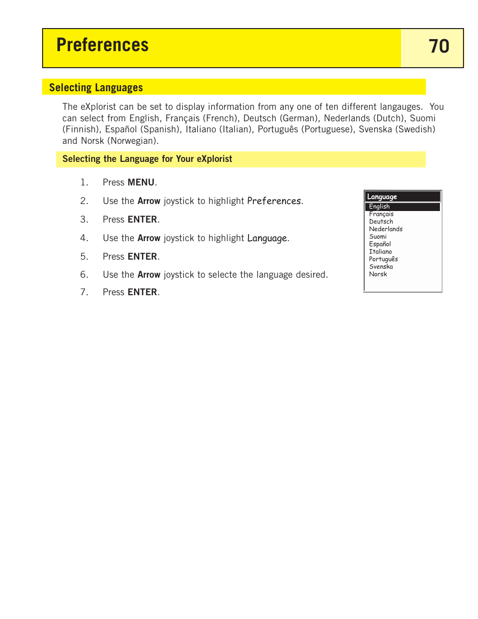 Selecting languages, Preferences 70 | Thales Navigation 200 User Manual | Page 75 / 82