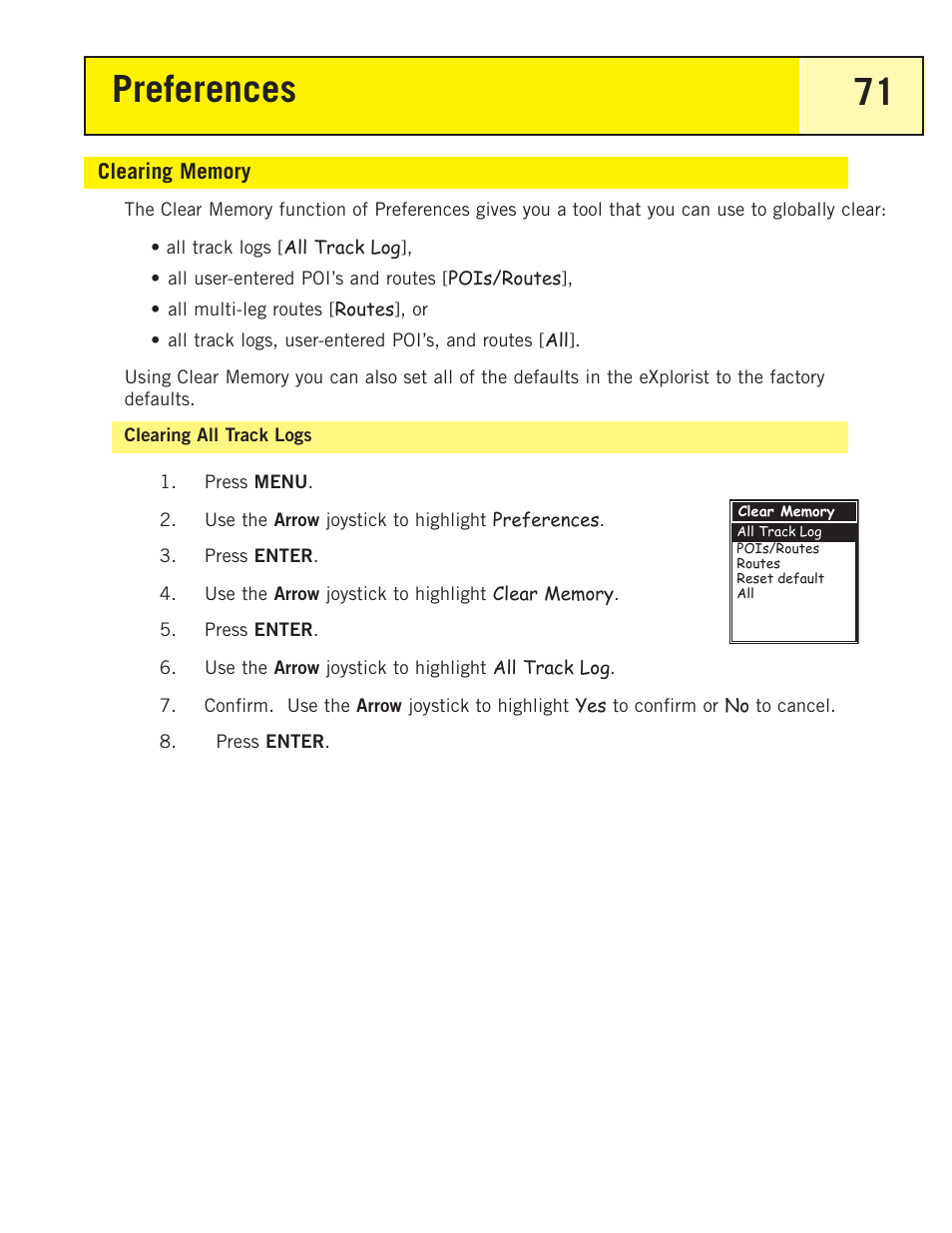 Clearing memory, Clearing all track logs, Preferences 71 | Thales Navigation 200 User Manual | Page 76 / 82