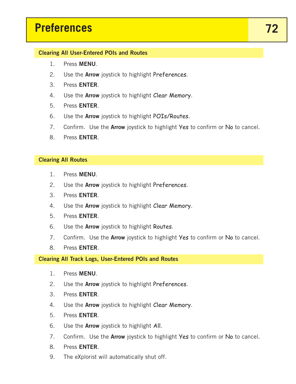 Clearing all user-entered pois and roues, Clearing all routes, Clearing all user-entered pois and routes | Preferences 72 | Thales Navigation 200 User Manual | Page 77 / 82