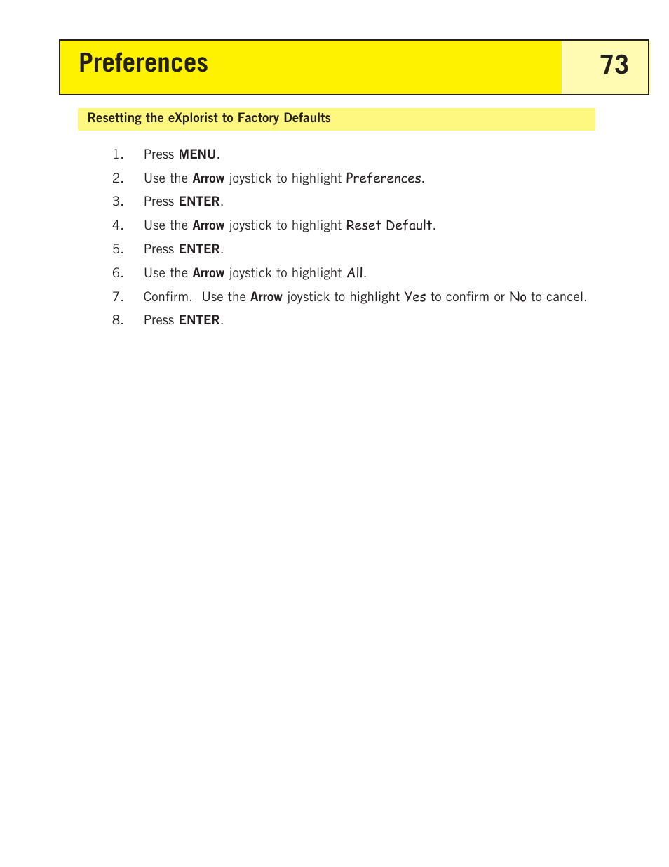 Resetting the explorist to factory defaults, Preferences 73 | Thales Navigation 200 User Manual | Page 78 / 82