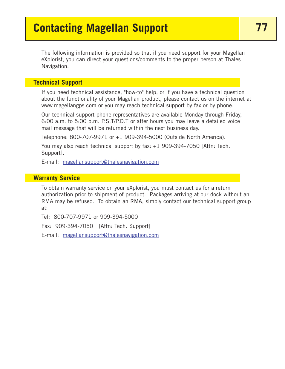Contacting magellan support, Warranty service, Technical support | Contacting magellan, Support | Thales Navigation 200 User Manual | Page 82 / 82
