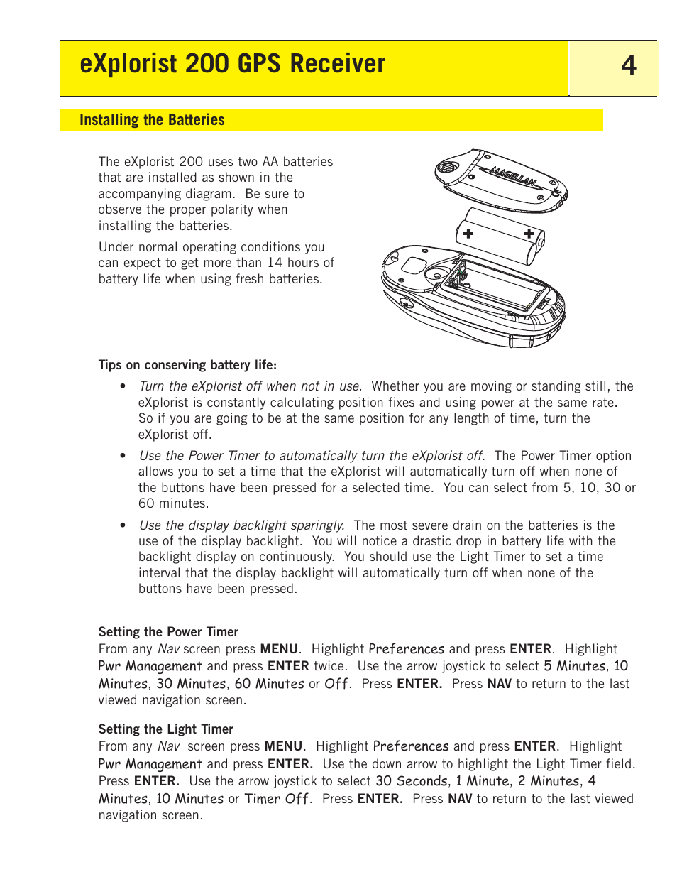 Installing the batteries, Explorist 200 gps receiver 4 | Thales Navigation 200 User Manual | Page 9 / 82