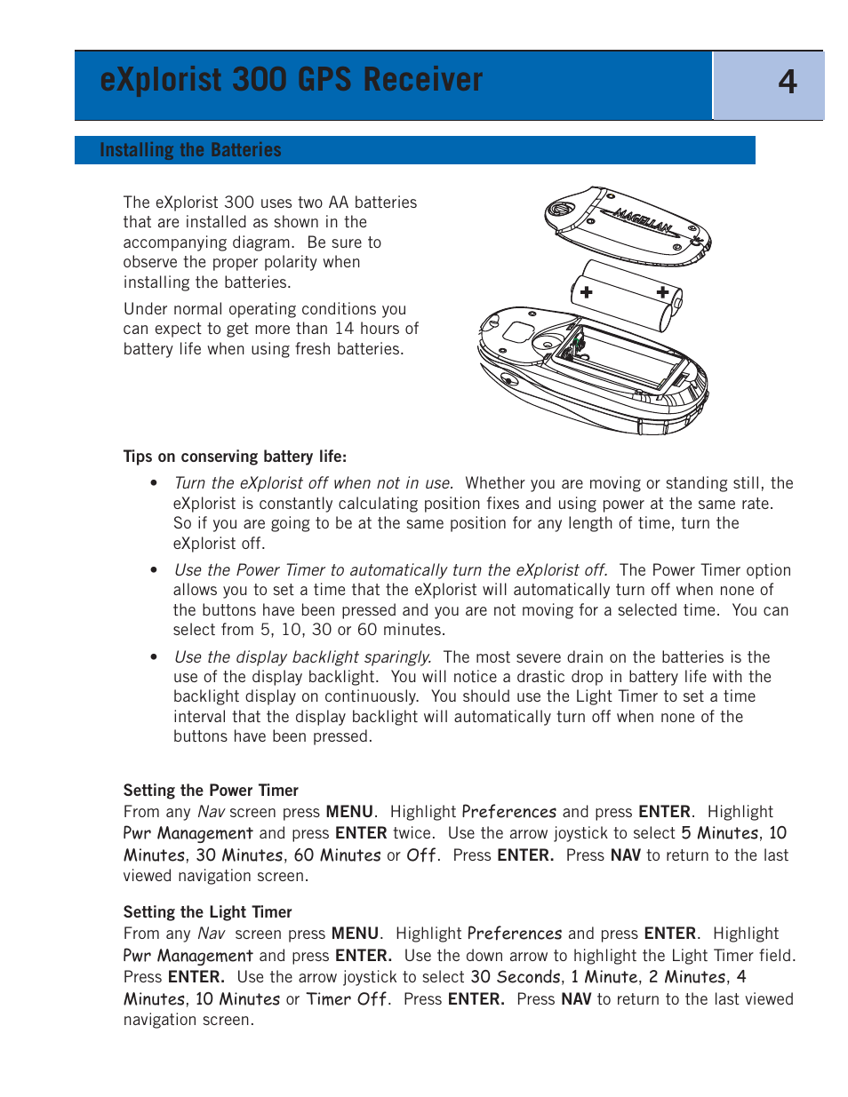 Installing the batteries, Explorist 300 gps receiver 4 | Thales Navigation 300 User Manual | Page 10 / 89