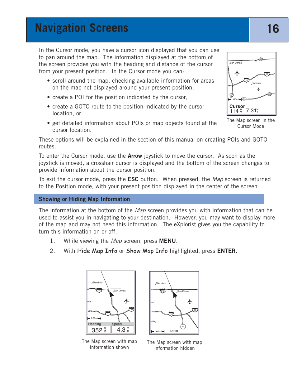 Showing or hiding map information, Navigation screens 16 | Thales Navigation 300 User Manual | Page 22 / 89