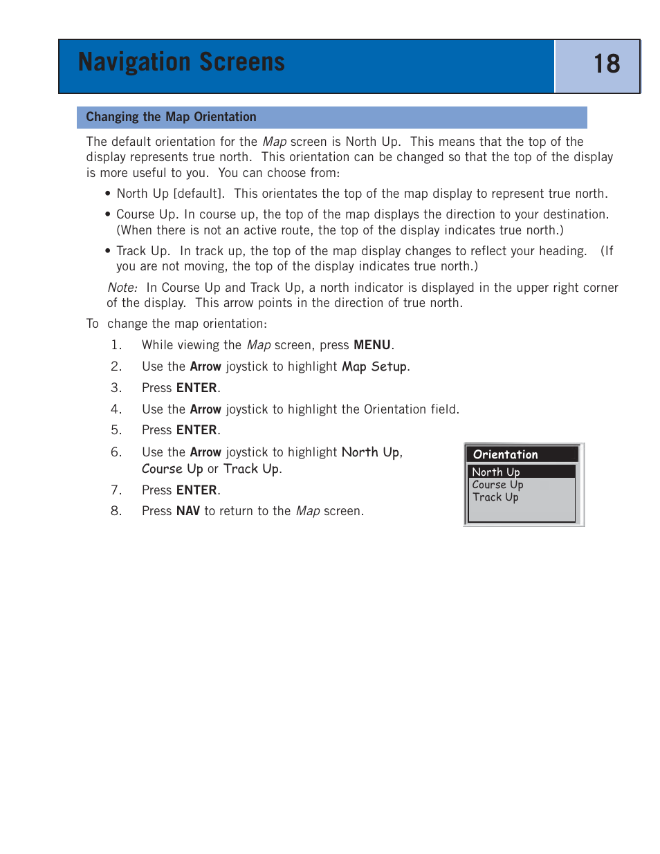 Changing the map orientation, Navigation screens 18 | Thales Navigation 300 User Manual | Page 24 / 89