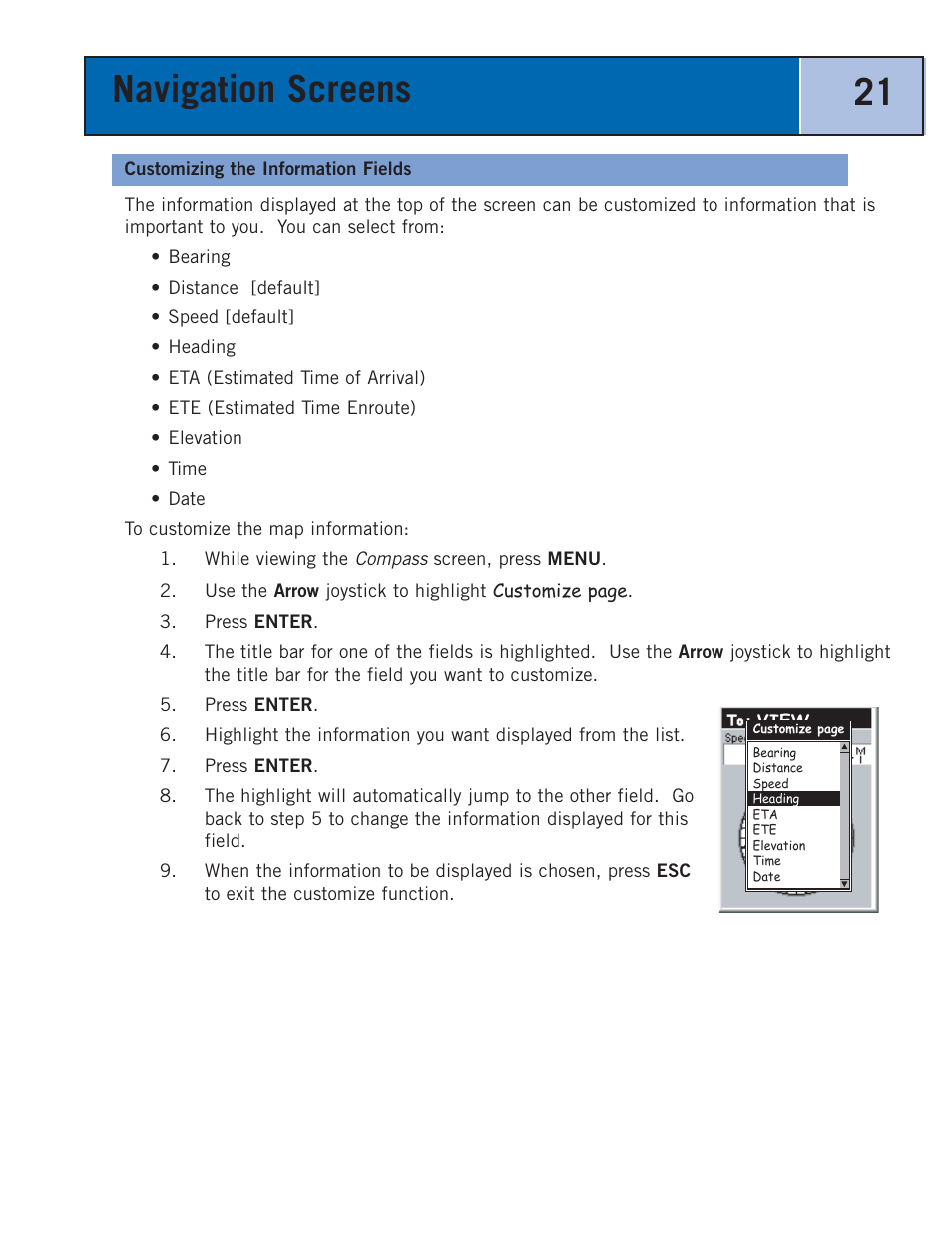 Customizing the information fields, Navigation screens 21 | Thales Navigation 300 User Manual | Page 27 / 89
