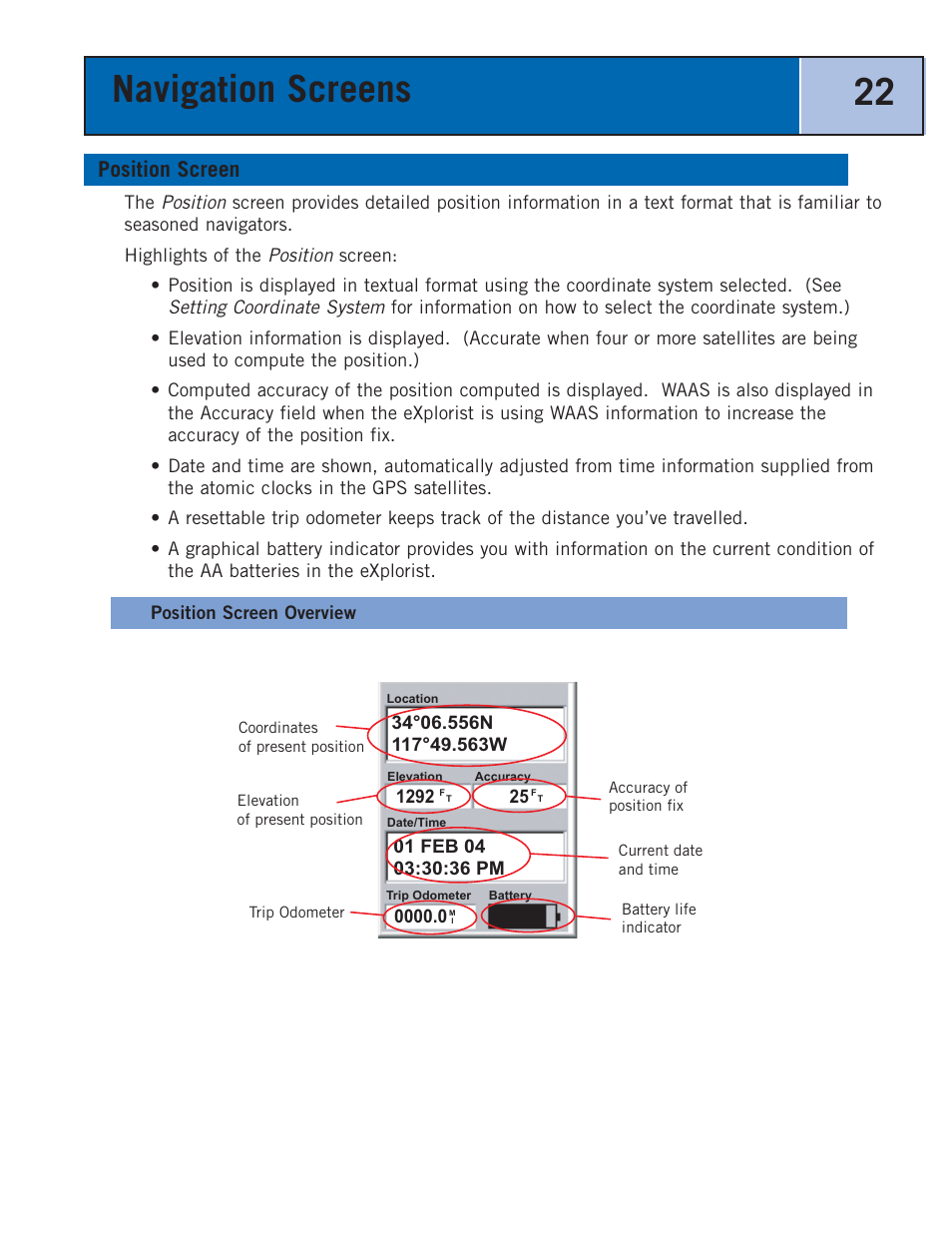 Position screen, Position screen overview, Navigation screens 22 | Thales Navigation 300 User Manual | Page 28 / 89