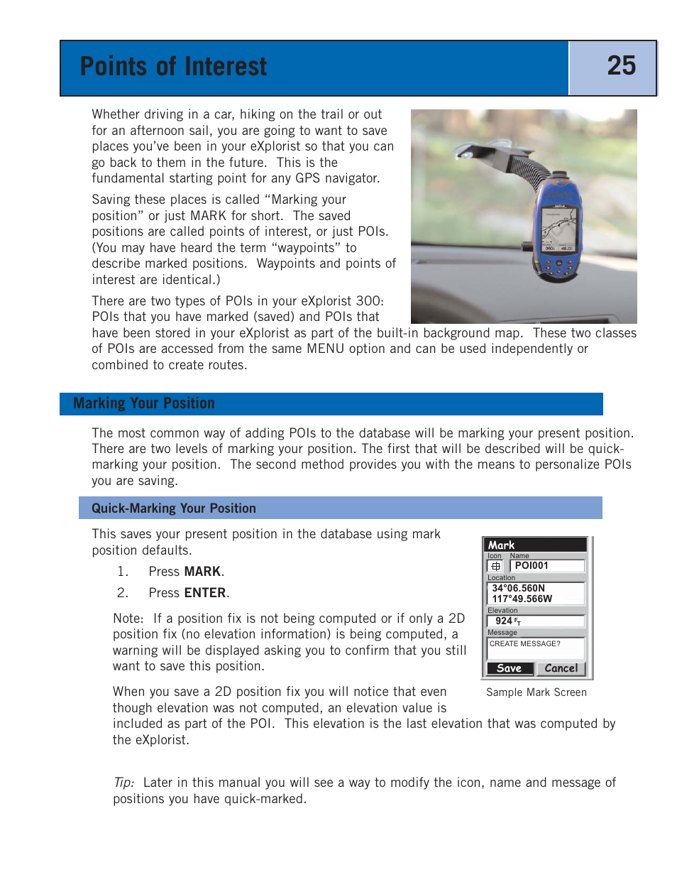 Points of interest, Marking your position, Quick marking your position | Quick-marking your position | Thales Navigation 300 User Manual | Page 31 / 89