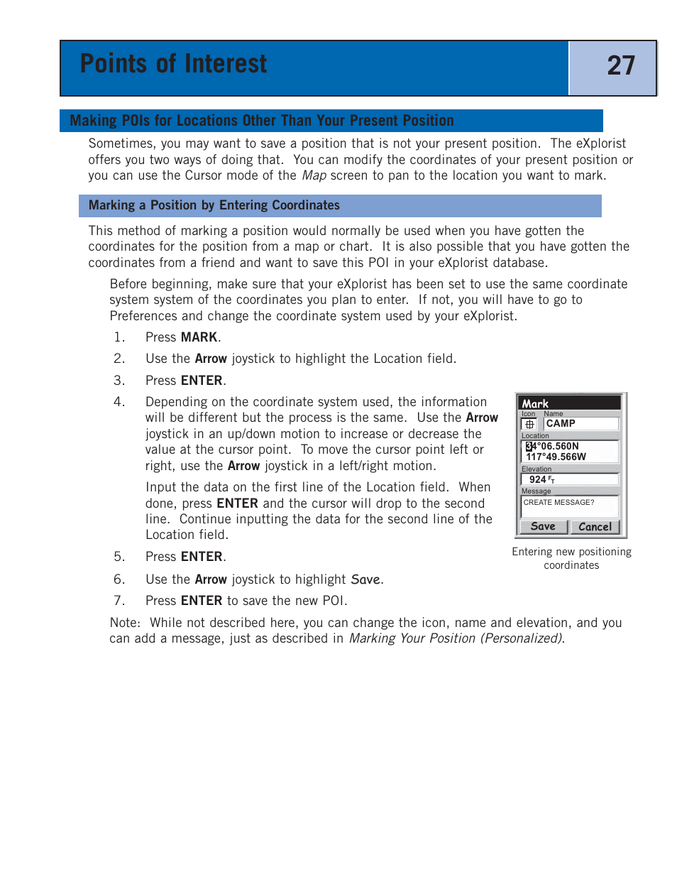 Marking a position by entering coordinates, Points of interest 27 | Thales Navigation 300 User Manual | Page 33 / 89