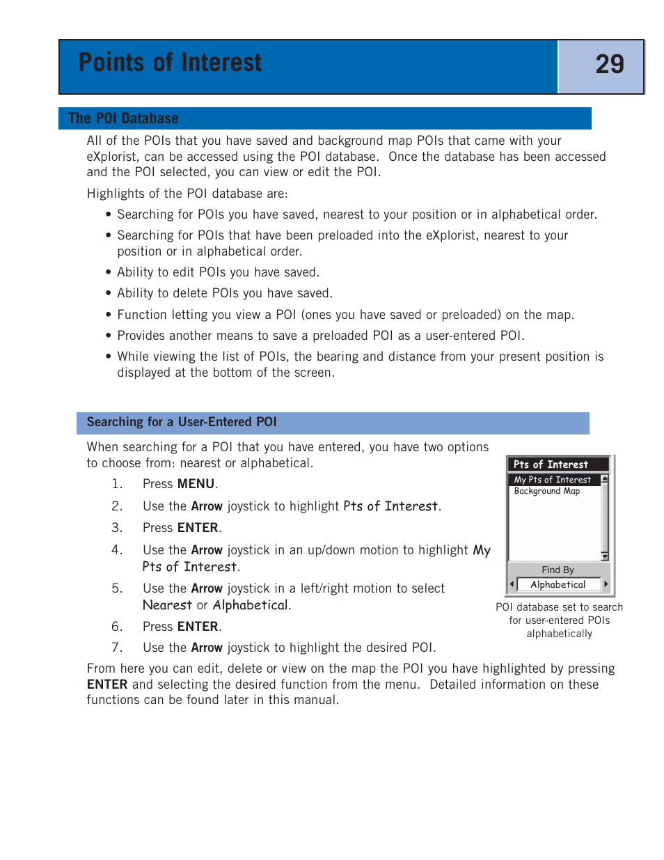 The poi database, Searching for a user-entered poi, Points of interest 29 | Thales Navigation 300 User Manual | Page 35 / 89