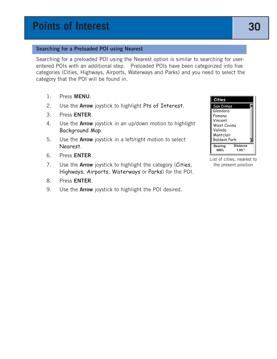 Searching for a preloaded poi using nearest, Points of interest 30 | Thales Navigation 300 User Manual | Page 36 / 89