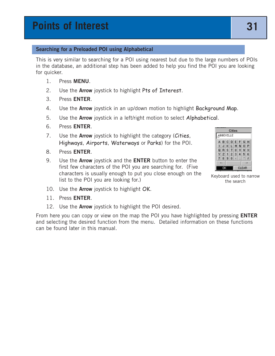 Searching for a preloaded poi using alphabetical, Points of interest 31 | Thales Navigation 300 User Manual | Page 37 / 89