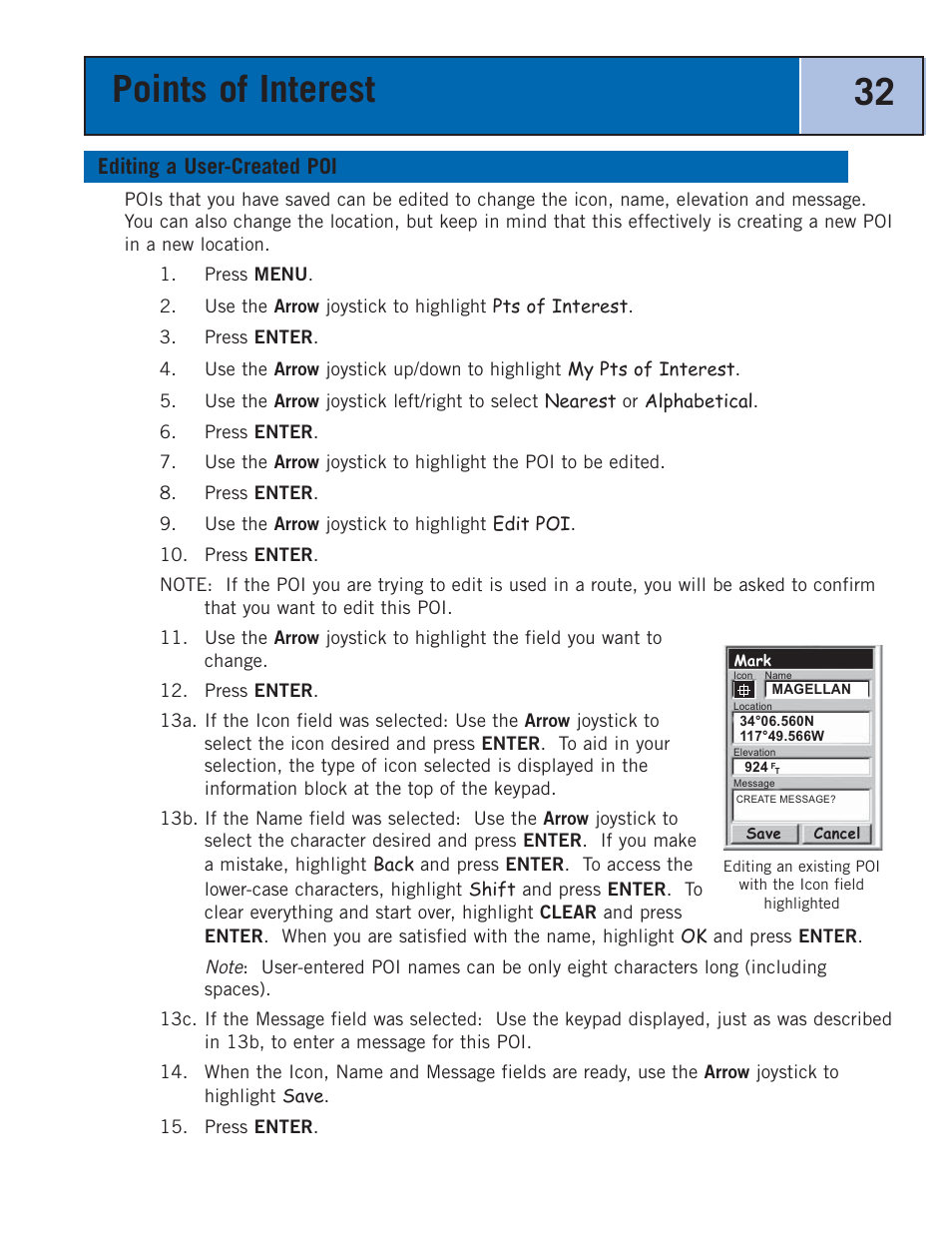 Editing a user-created poi, Points of interest 32 | Thales Navigation 300 User Manual | Page 38 / 89
