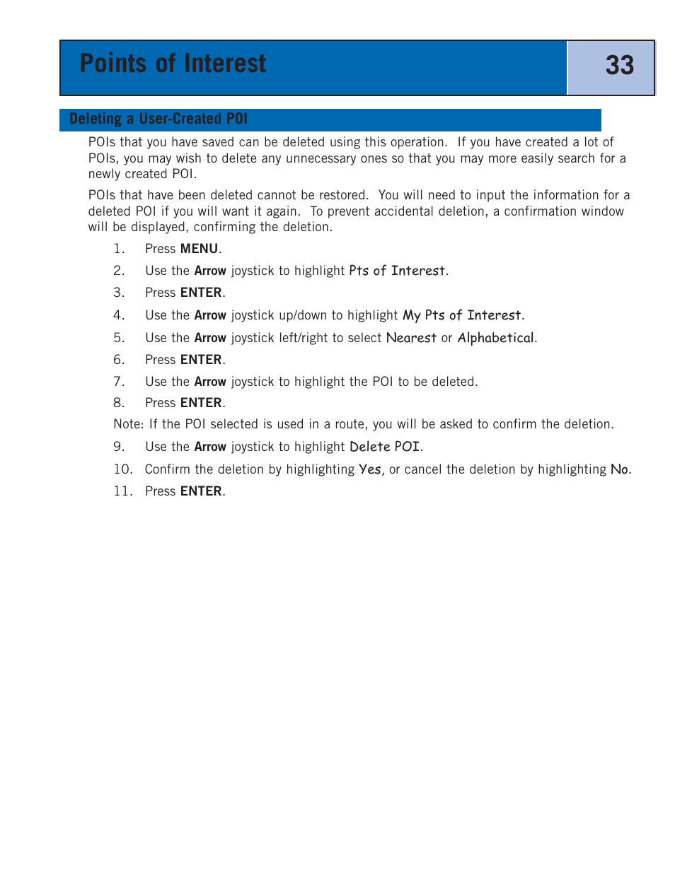 Deleting a user-created poi, Points of interest 33 | Thales Navigation 300 User Manual | Page 39 / 89