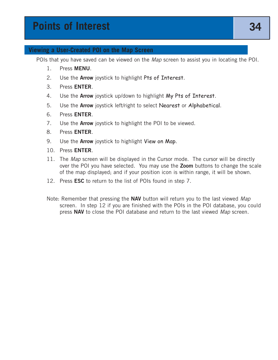 Viewing a user-created poi on the map screen, Points of interest 34 | Thales Navigation 300 User Manual | Page 40 / 89