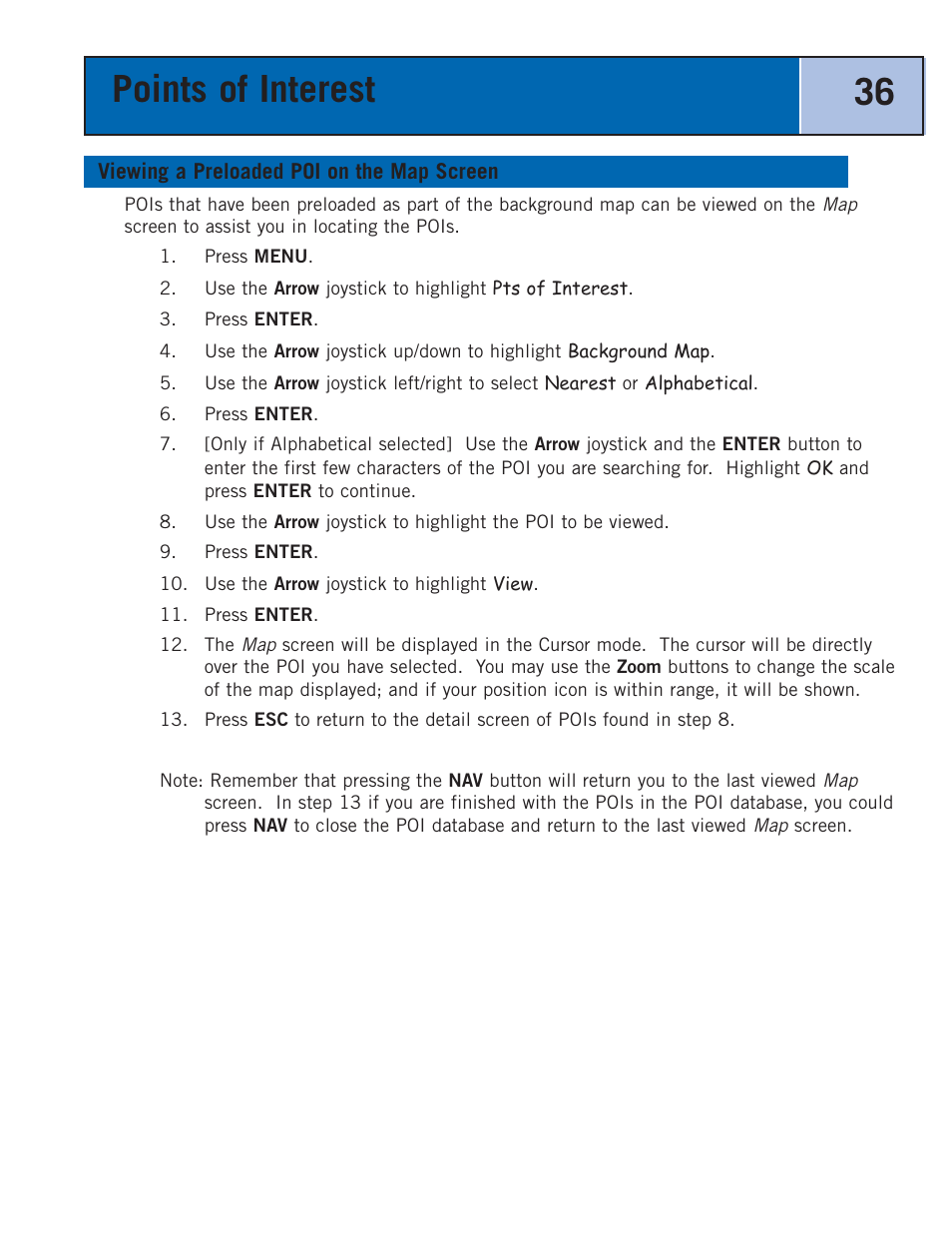 Viewing a preloaded poi on the map screen, Points of interest 36 | Thales Navigation 300 User Manual | Page 42 / 89