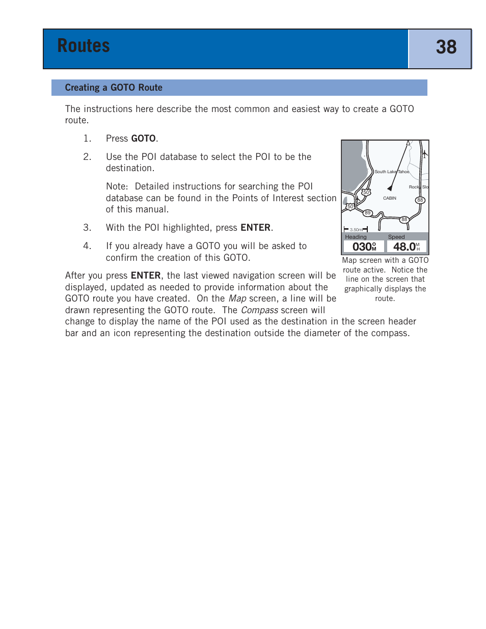 Creating a goto route, Routes 38 | Thales Navigation 300 User Manual | Page 44 / 89