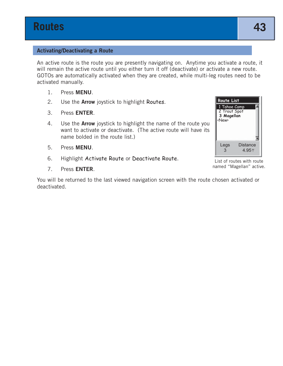 Activating/deactivating a route, Routes 43 | Thales Navigation 300 User Manual | Page 49 / 89
