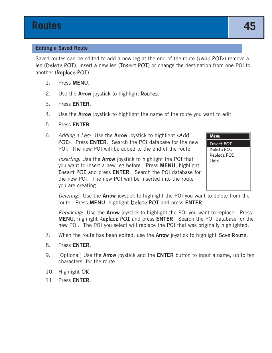 Editing a saved route, Routes 45 | Thales Navigation 300 User Manual | Page 51 / 89