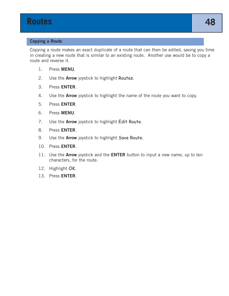 Copying a route, Routes 48 | Thales Navigation 300 User Manual | Page 54 / 89