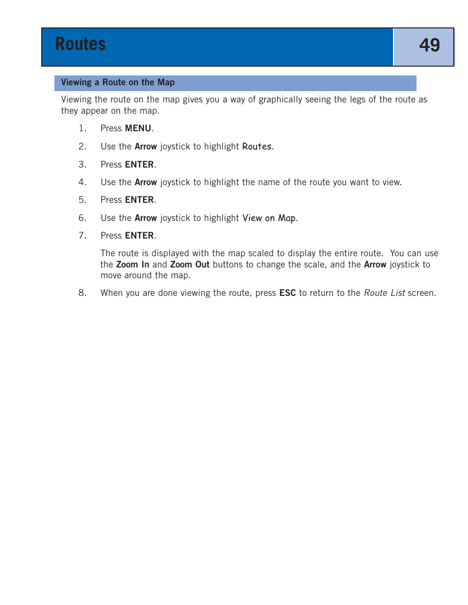 Viewing a route on the map, Routes 49 | Thales Navigation 300 User Manual | Page 55 / 89