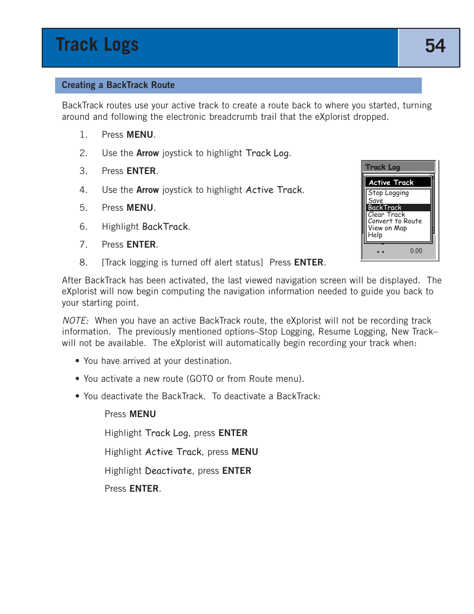 Creating a backtrack route, Track logs 54 | Thales Navigation 300 User Manual | Page 60 / 89