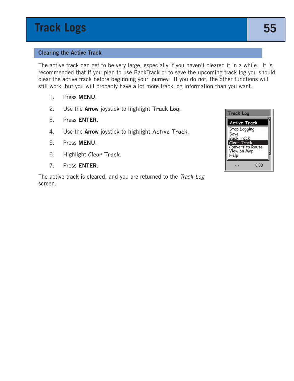 Clearing the active track, Track logs 55 | Thales Navigation 300 User Manual | Page 61 / 89