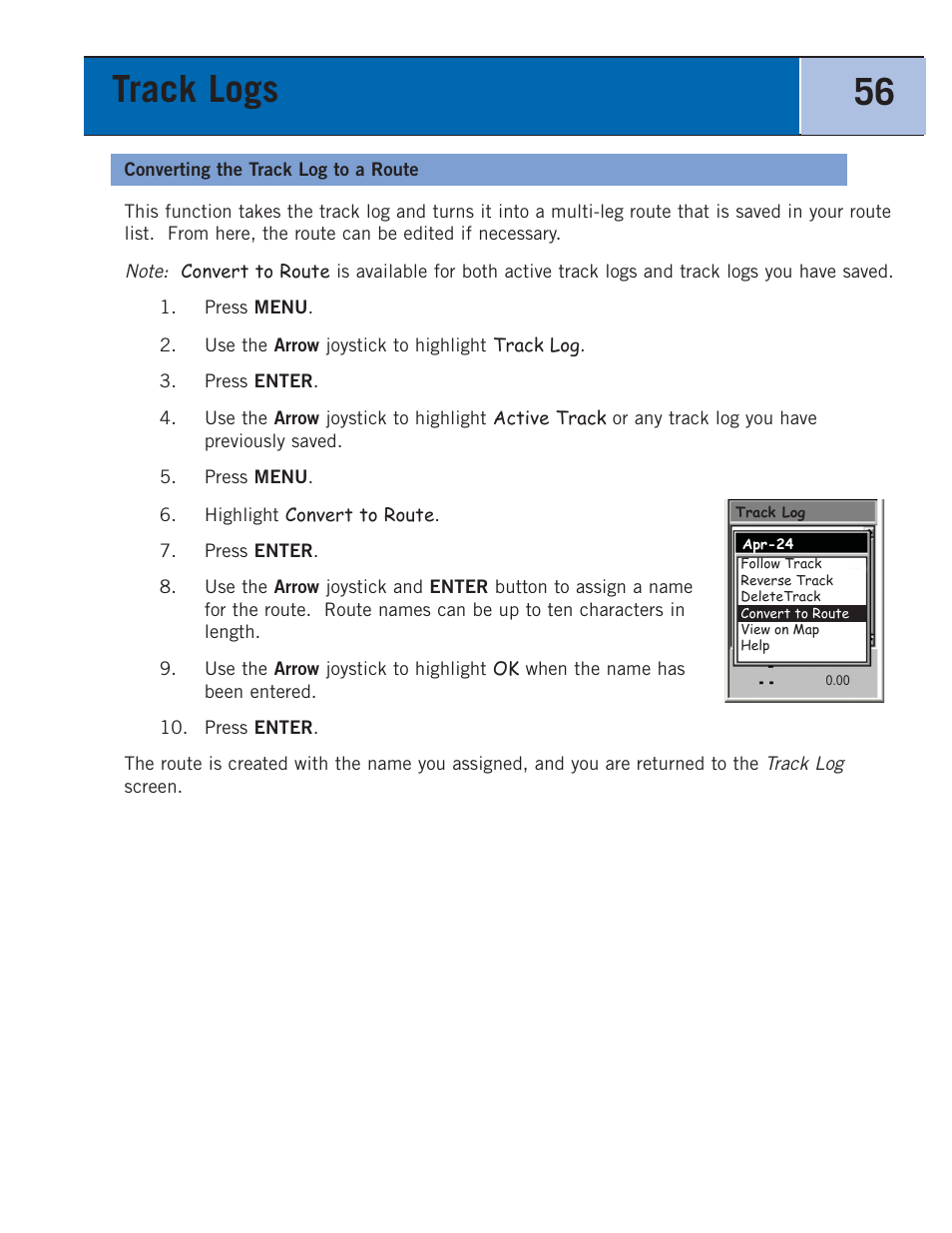 Converting the track log to a route, Track logs 56 | Thales Navigation 300 User Manual | Page 62 / 89