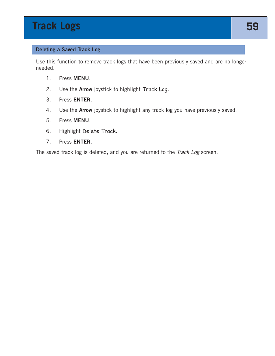 Deleting a saved track log, Track logs 59 | Thales Navigation 300 User Manual | Page 65 / 89