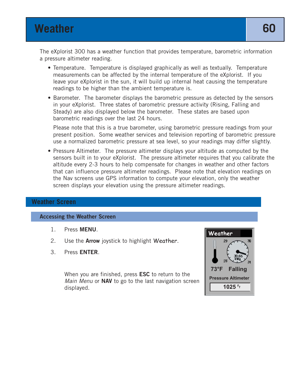 Weather, Weather screen, Accessing the weather screen | Thales Navigation 300 User Manual | Page 66 / 89