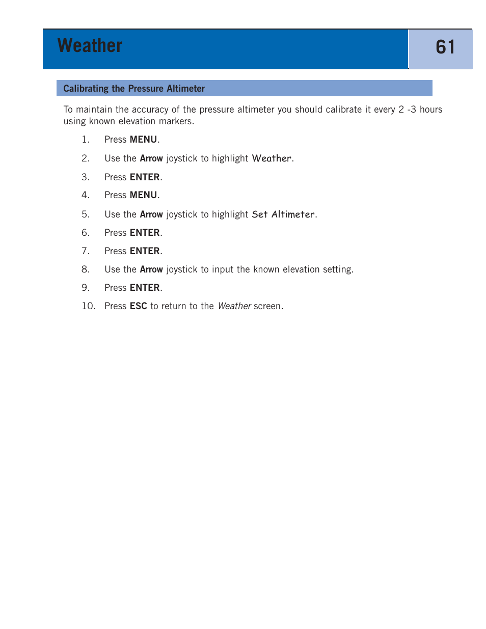 Calibrating the pressure altimeter, Weather 61 | Thales Navigation 300 User Manual | Page 67 / 89
