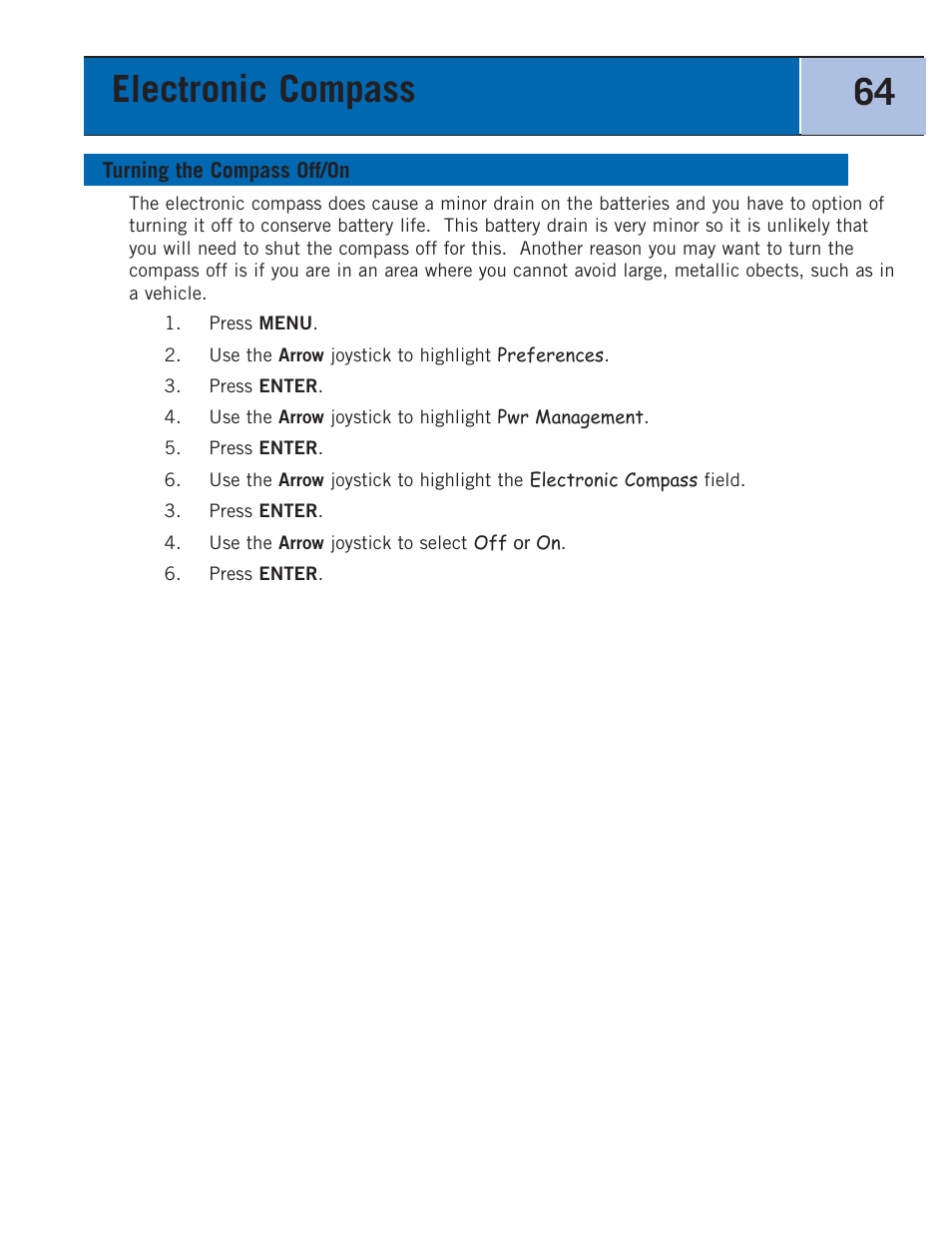 Turning the compass on/off, Turning the compass off/on, Electronic compass 64 | Thales Navigation 300 User Manual | Page 70 / 89