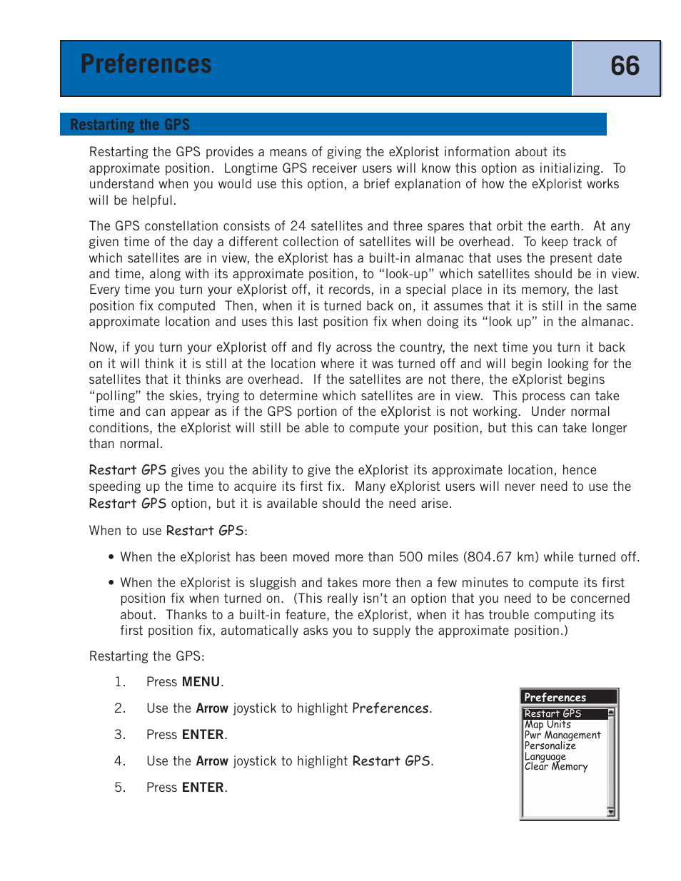 Restarting the gps, Preferences 66 | Thales Navigation 300 User Manual | Page 72 / 89
