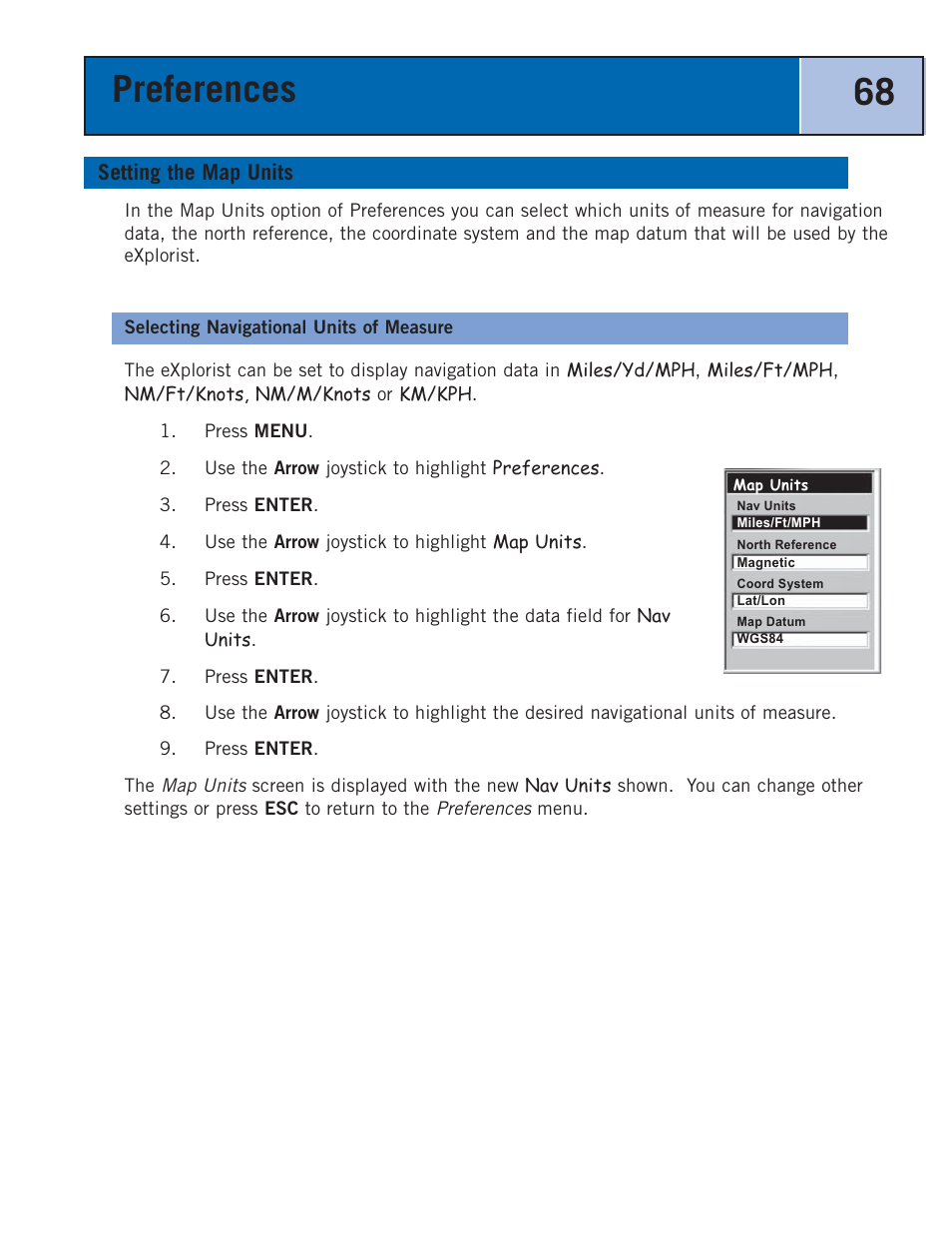 Setting the map units, Selecting navigational units of measure, Preferences 68 | Thales Navigation 300 User Manual | Page 74 / 89