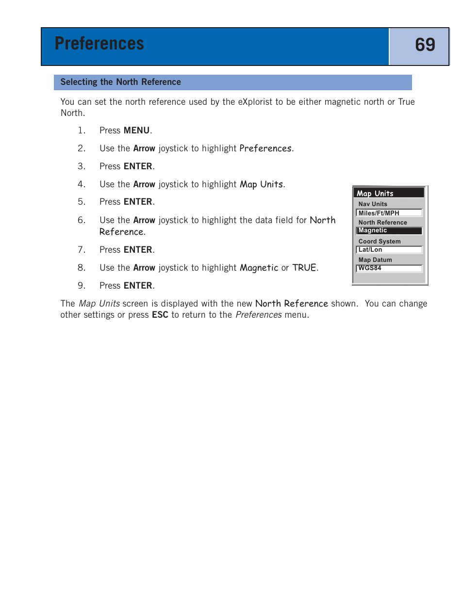Selecting the north reference, Preferences 69 | Thales Navigation 300 User Manual | Page 75 / 89