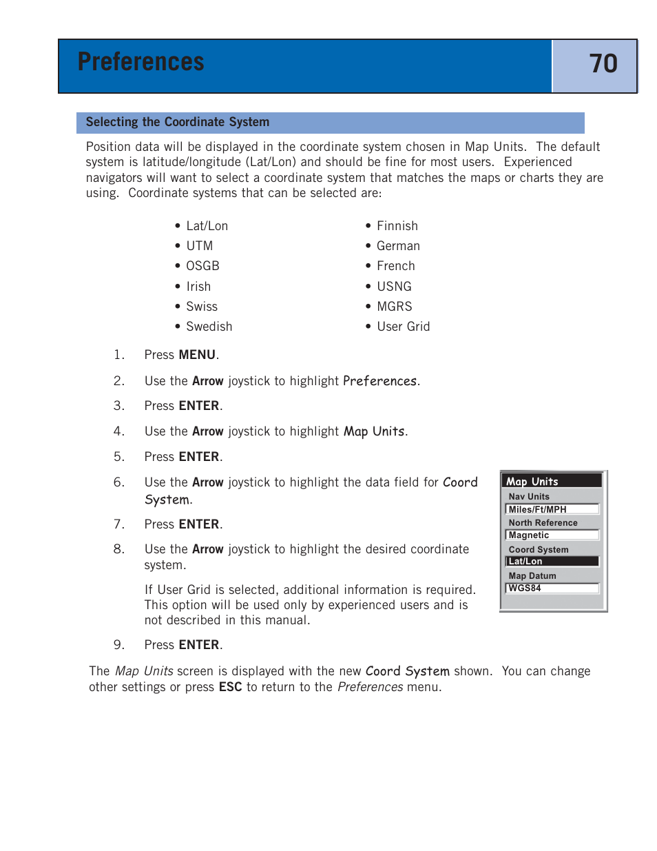 Selecting the coordinate system, Preferences 70 | Thales Navigation 300 User Manual | Page 76 / 89